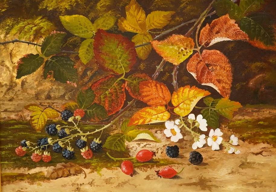 George Crisp (1875-1916) still life with brambles, oil on canvas, 25x35cm. Condition - good